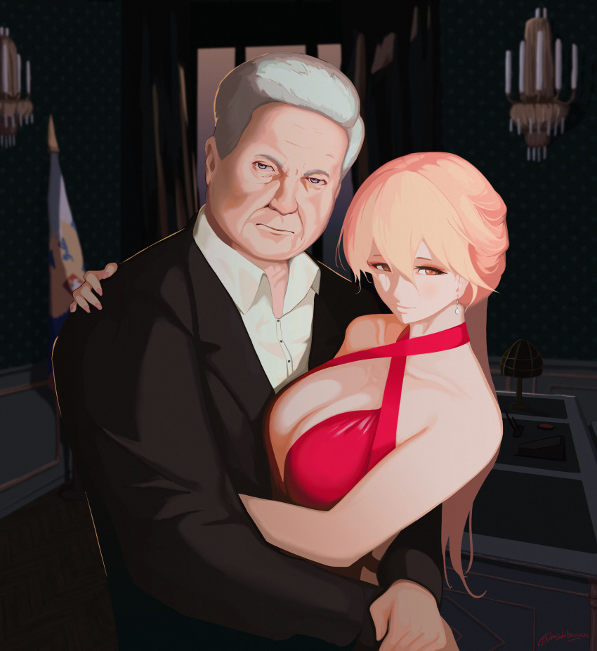 1boy, 1girl, absurdres, blonde_hair, boris_yeltsin, cabinet, collared_shirt, dress