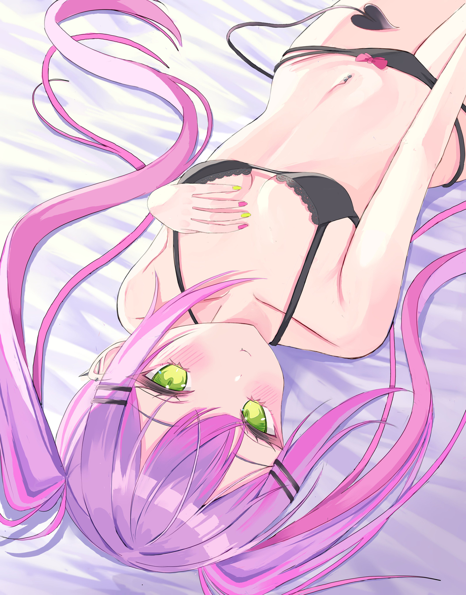 1girl, black_bra, black_panties, blush, bra, breasts, demon_girl, demon_tail