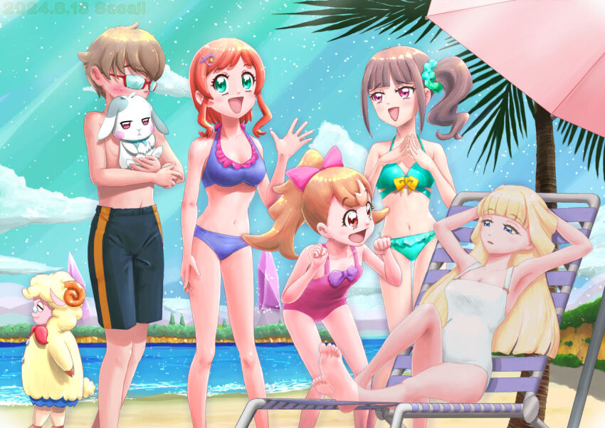 3boys, 4girls, barefoot, beach, blonde_hair, blue_eyes, bow, brown_hair