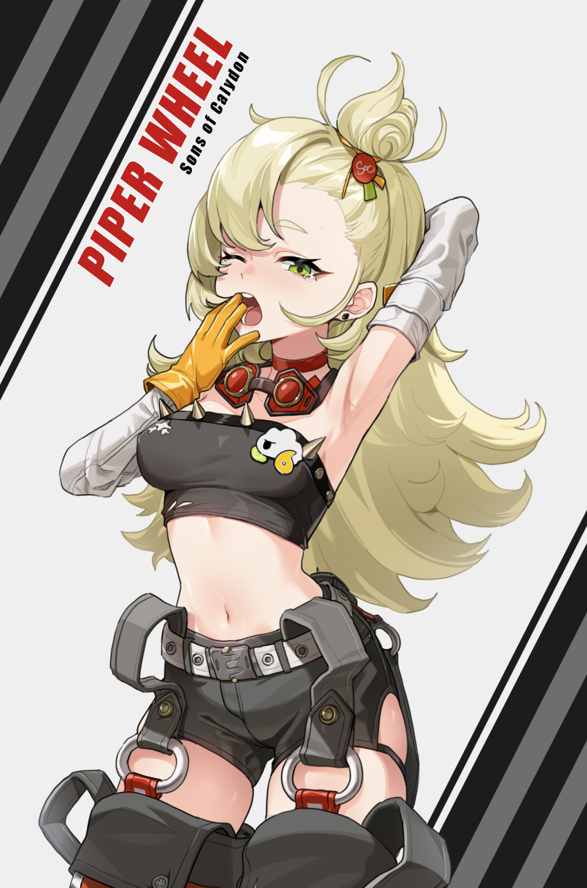 1girl, absurdres, arm_up, armpits, bare_shoulders, belt, black_shorts, blonde_hair, breasts, character_name, choker, commentary, cowboy_shot, dorymin, gloves, goggles, goggles_around_neck, green_eyes, grey_background, grey_belt, hand_up, highres, long_hair, looking_at_viewer, medium_breasts, midriff, navel, one_side_up, piper_wheel, red_choker, shorts, solo, standing, stomach, strapless, tube_top, very_long_hair, yellow_gloves, zenless_zone_zero