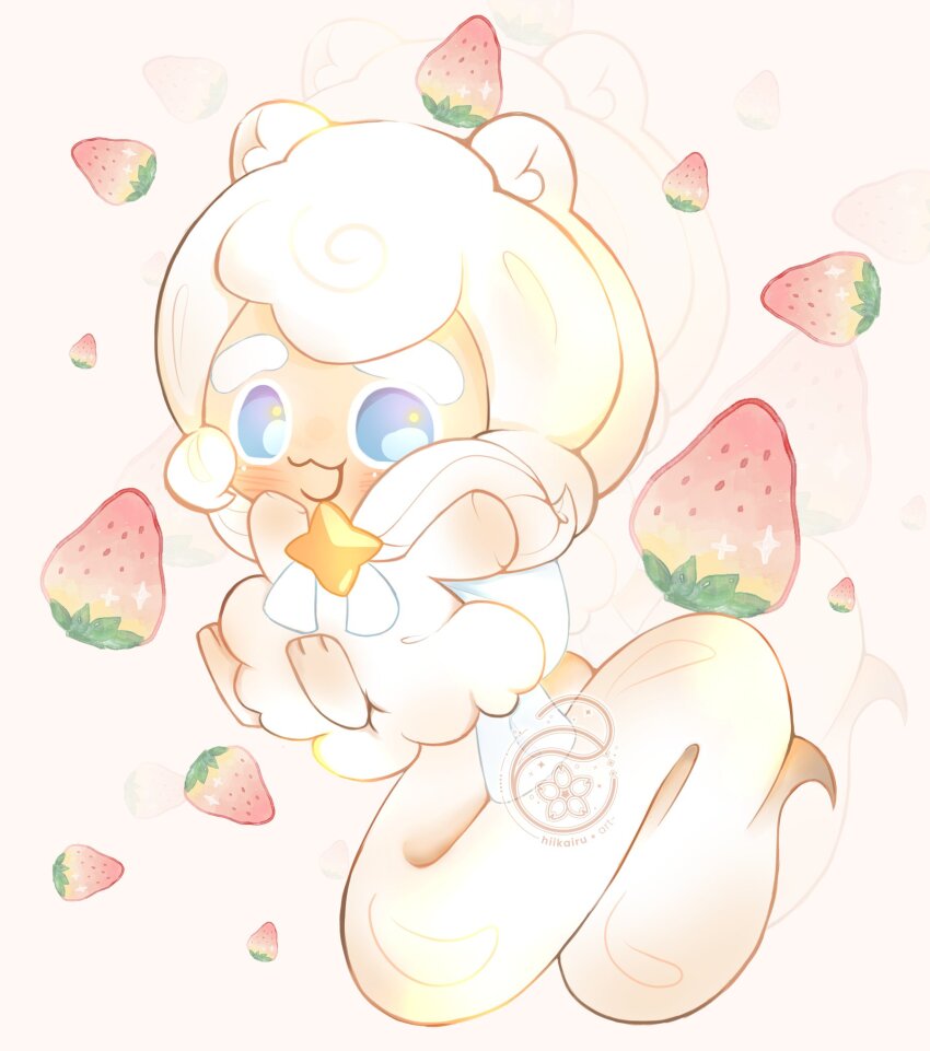 1other, animal_ears, animal_feet, blue_eyes, chibi, chibi_only, commentary, cookie_run, cookie_run:_kingdom, cream_ferret_cookie, english_commentary, ferret_ears, ferret_tail, food, fruit, full_body, highres, hiikairu, looking_at_viewer, official_style, other_focus, smile, solo, star_(symbol), strawberry, watermark, white_hair, white_theme, zoom_layer
