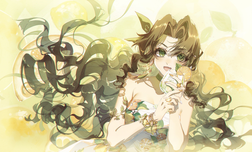1girl, aerith_gainsborough, aerith_gainsborough_(citric_dress), armlet, bare_shoulders, bracelet, breasts, brown_hair, choker, cleavage, cup, dress, earrings, final_fantasy, final_fantasy_vii, final_fantasy_vii:_ever_crisis, food-themed_earrings, food_print, food_themed_earrings, fruit_background, fruit_print, green_eyes, green_ribbon, hair_between_eyes, hair_ribbon, highres, holding, holding_cup, jewelry, kieta, long_dress, long_hair, looking_at_viewer, mandarin_orange_slice, medium_breasts, multiple_rings, official_alternate_costume, open_mouth, orange-shaped_earrings, orange_background, orange_print, own_hands_together, parted_bangs, print_dress, ribbon, ring, sidelocks, smile, solo, strapless, strapless_dress, tropical_drink, upper_body, wavy_hair