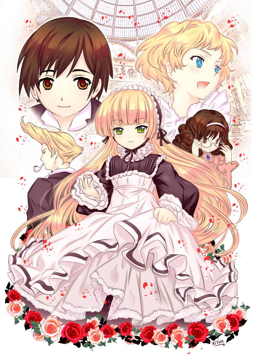 2boys, 3girls, adjusting_eyewear, avril_bradley, bad_id, bad_pixiv_id, blonde_hair, blue_eyes