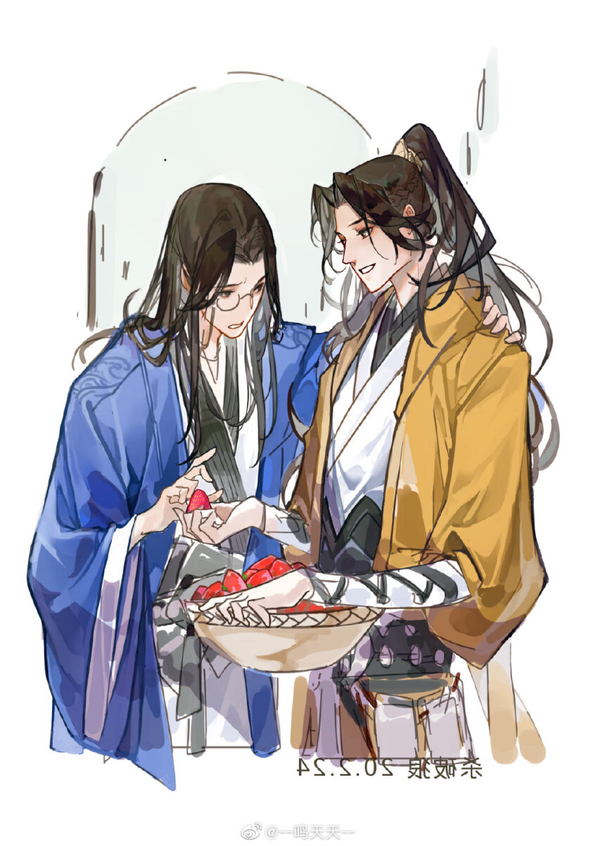 2boys, artist_name, belt, black_belt, blue_robe, bowl, bracer, brown_eyes