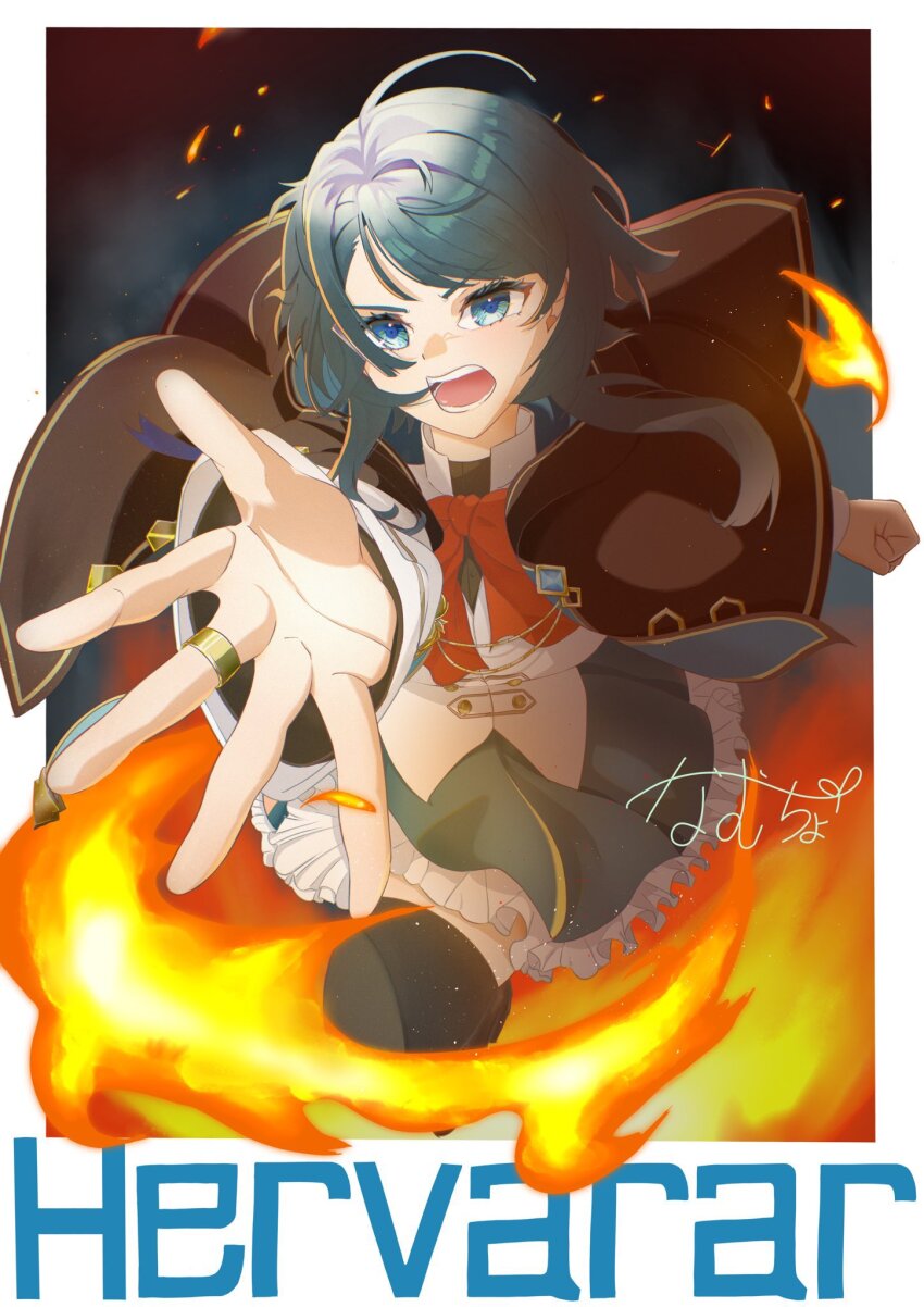 1girl, aizawa_kazuha, artist_name, assault_lily, asymmetrical_hair, black_background, black_cape, black_footwear