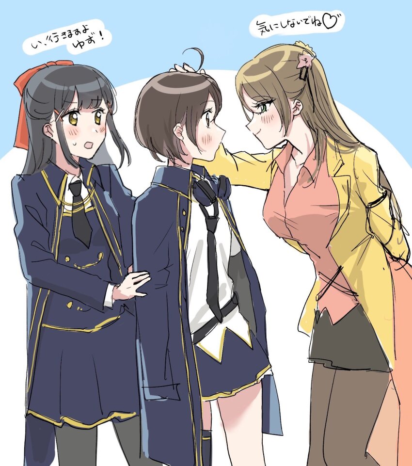 3girls, ahoge, akira_blanton, arm_behind_back, arm_up, assault_lily, black_hair, black_necktie