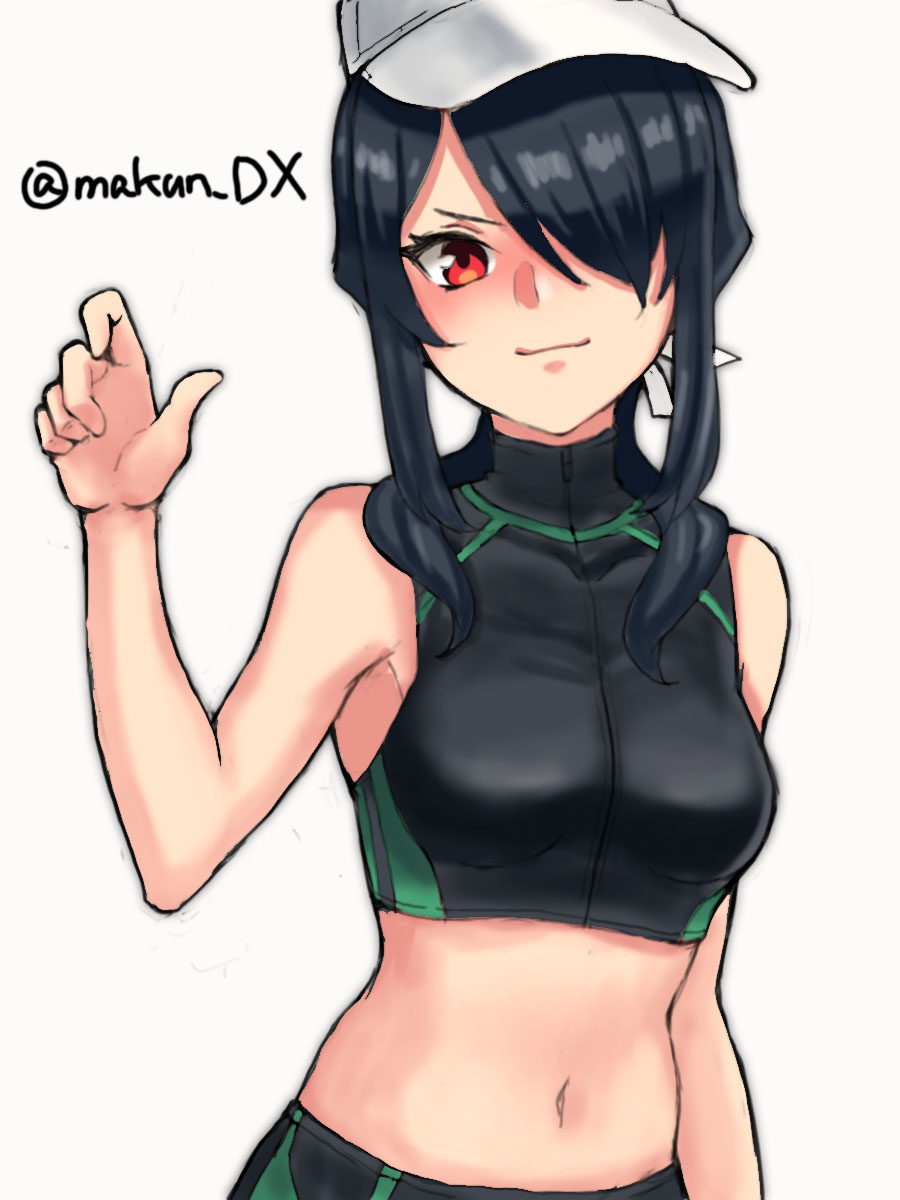 1girl, baseball_cap, black_hair, breasts, commentary_request, hair_over_one_eye, hair_over_shoulder, hat