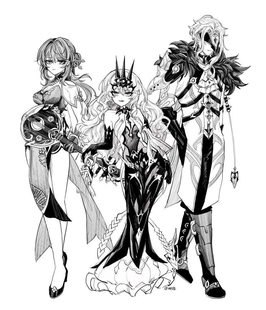 1boy, 2girls, asymmetrical_gloves, banjo, bare_shoulders, black_gloves, boots, breasts