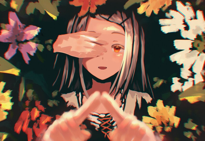 1girl, 1other, :d, blush, brown_coat, camisole, chromatic_aberration, coat