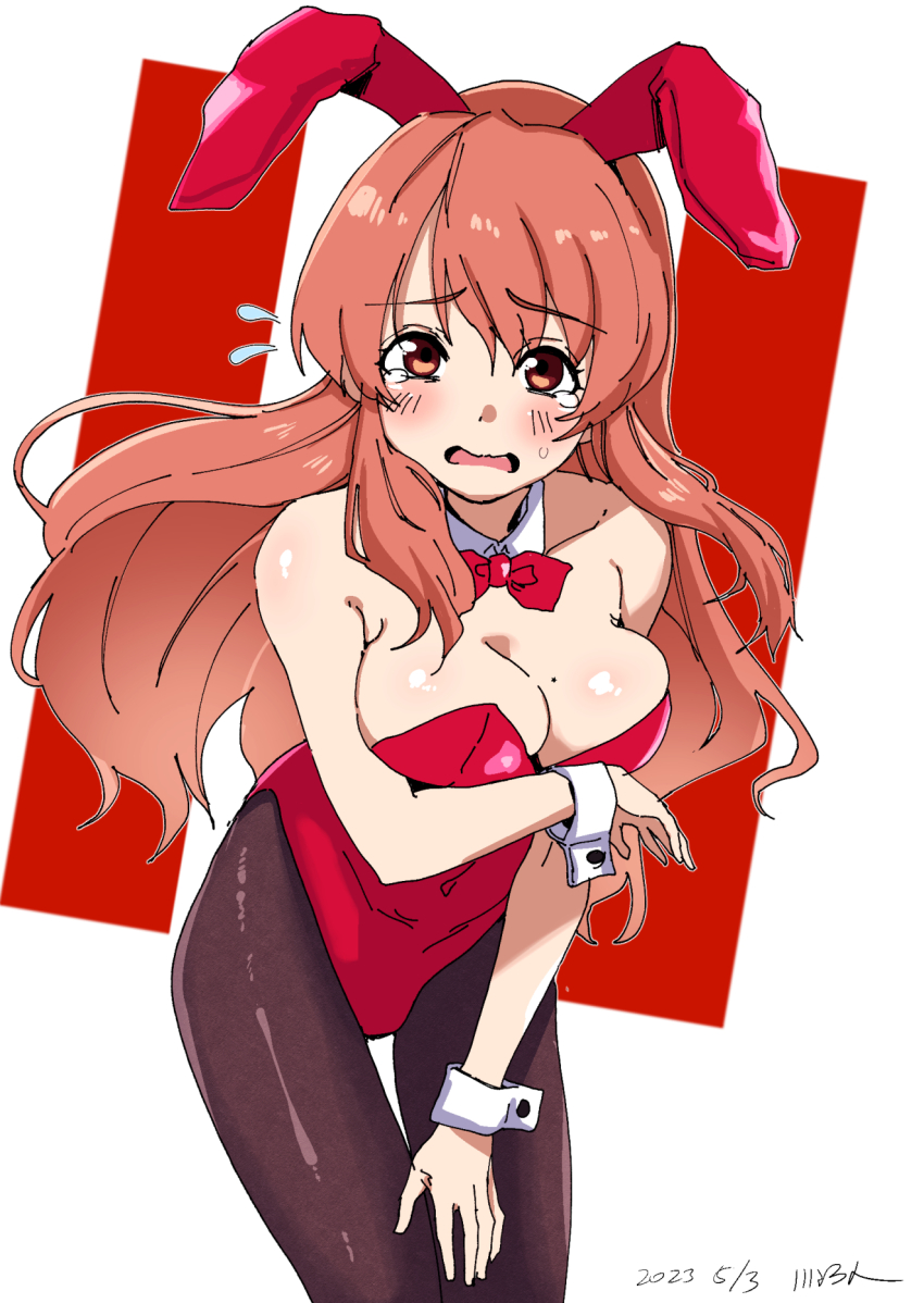 1girl, animal_ears, asahina_mikuru, bow, bowtie, breasts, brown_pantyhose, cleavage