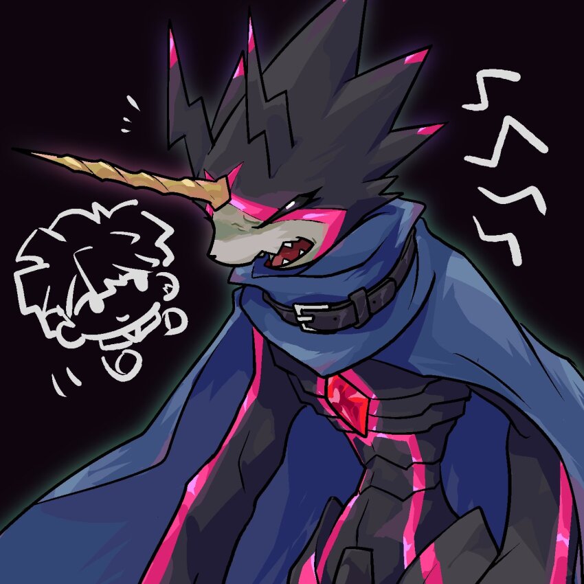 amanokawa_hiro, animal_nose, bakamaokun, black_background, black_collar, black_sclera, black_skin, blue_cloak