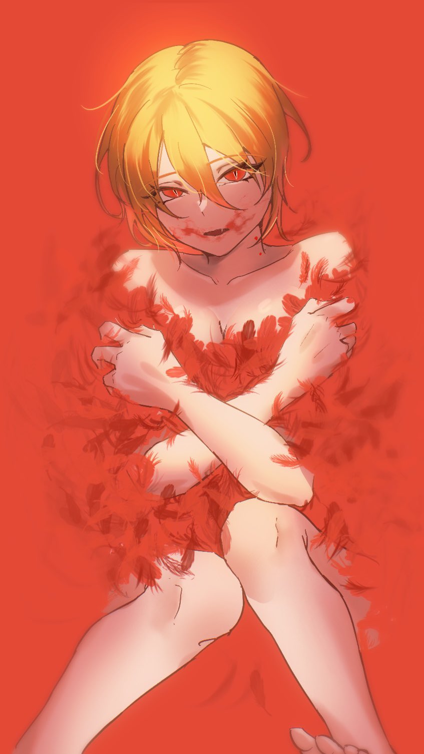 1girl, blonde_hair, blood, blood_on_face, collarbone, don_quixote_(project_moon), feathers, highres, limbus_company, looking_at_viewer, nomuyo_pm, nude, project_moon, red_background, red_eyes, sancho_(project_moon), short_hair, slit_pupils, solo, spoilers