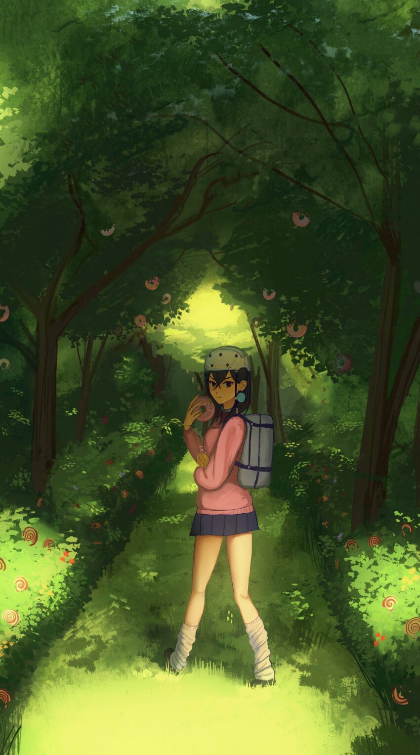 1girl, absurdres, ayase_momo, dandadan, donut, food, forest, grass, green_background, gyaru, highres, nature, school_uniform, solo, tree, xhianxeh