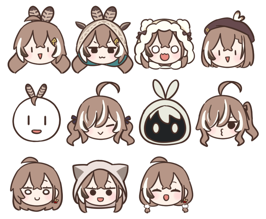 :3, :d, =_=, ^_^, beret, black_hair, bloodymoonia, boomei_(nanashi_mumei), brown_hair, brown_hat, c:, closed_eyes, commentary, disembodied_head, english_commentary, feather_hair_ornament, feathers, hair_ornament, hair_over_one_eye, hat, hololive, hololive_english, hololive_treasure_mountain, hood, hood_up, long_hair, multicolored_hair, mumei_(song)_(hololive), nanashi_mumei, nanashi_mumei_(1st_costume), nanashi_mumei_(casual), nanashi_mumei_(emo), nanashi_mumei_(new_year), open_mouth, short_hair, smile, streaked_hair, transparent_background, virtual_youtuber, white_hair, |_|