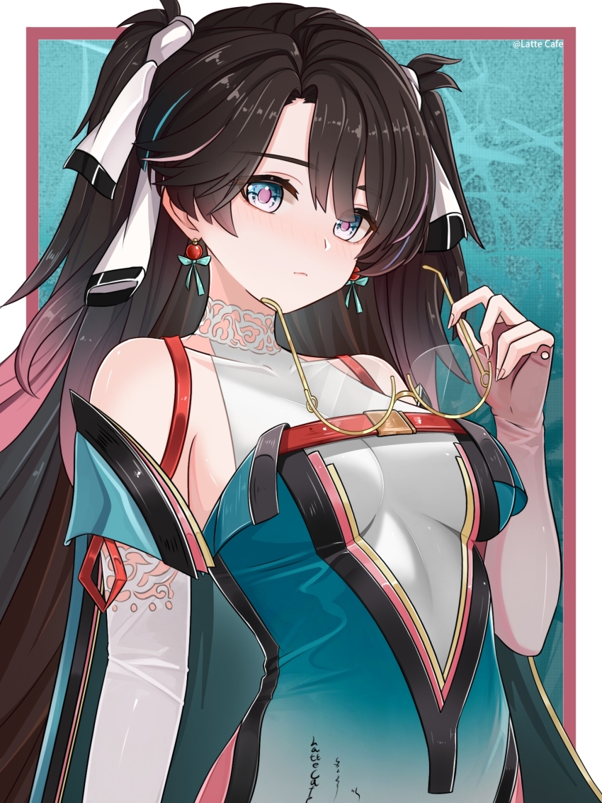 1girl, artist_name, asymmetrical_bangs, bare_shoulders, black_hair, blue_eyes, blush, bodystocking, border, breasts, breasts_apart, chest_belt, covered_collarbone, detached_sleeves, dress, earrings, expressionless, glasses, gradient_clothes, gradient_dress, gradient_hair, gradient_sleeves, green_background, green_dress, hair_ribbon, highres, holding, holding_removed_eyewear, jewelry, lace_collar, lattecafe, linea_alba, looking_at_viewer, medium_breasts, multicolored_eyes, multicolored_hair, outside_border, pink_eyes, pink_hair, print_dress, red_border, ribbon, round_eyewear, semi-rimless_eyewear, signature, sleeves_past_wrists, solo, clothes_writing, two-tone_eyes, unworn_eyewear, upper_body, white_ribbon, white_sleeves, wuthering_waves, yellow-framed_eyewear, zhezhi_(wuthering_waves)