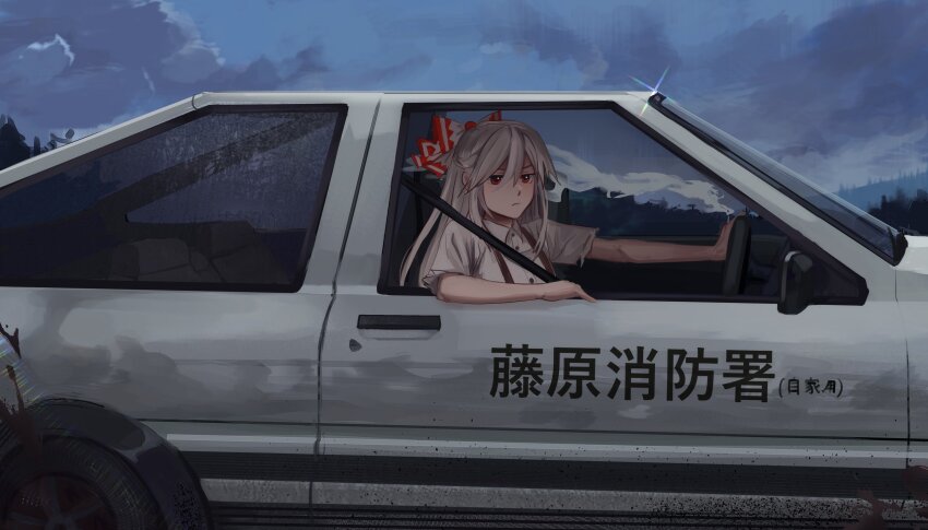 1girl, blue_sky, car, cloud, cloudy_sky, driving, fujiwara_no_mokou, fujiwara_takumi's_toyota_trueno_ae86, highres, initial_d, motor_vehicle, red_eyes, seatbelt, sky, solo, touhou, toyota, toyota_sprinter_trueno, white_hair, xhianxeh