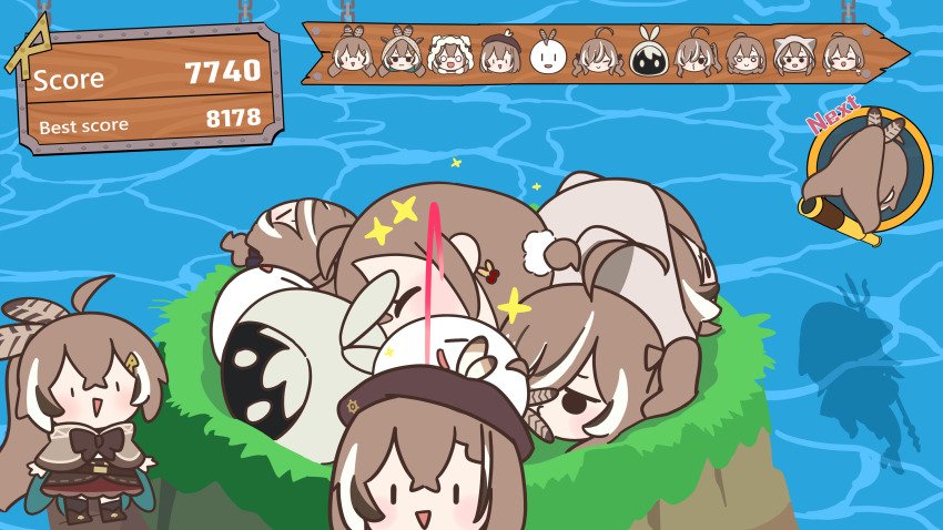 2girls, :3, :d, =_=, ^_^, absurdres, ahoge, beret, black_hair, bloodymoonia, boomei_(nanashi_mumei), bow, brown_bow, brown_cape, brown_capelet, brown_hair, brown_hat, c:, cape, capelet, chibi, closed_eyes, commentary, disembodied_head, english_commentary, english_text, fake_screenshot, feather_hair_ornament, feathers, full_body, gawr_gura, gawr_gura_(1st_costume), hair_ornament, hair_over_one_eye, hat, heads-up_display, highres, hololive, hololive_english, hololive_treasure_mountain, hood, hood_up, long_hair, multicolored_hair, multiple_girls, mumei_(song)_(hololive), nanashi_mumei, nanashi_mumei_(1st_costume), nanashi_mumei_(casual), nanashi_mumei_(emo), nanashi_mumei_(new_year), o3o, o_o, open_mouth, short_hair, silhouette, smile, smol_mumei, streaked_hair, user_interface, virtual_youtuber, white_hair, |_|