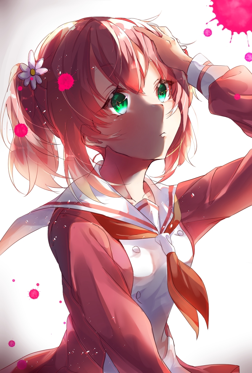 1girl, bob_628, breasts, closed_mouth, colored_tips, dress, flower, gradient_background