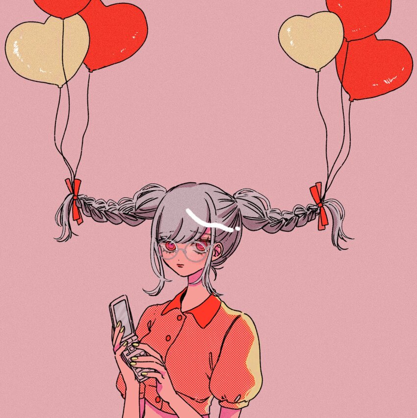 1girl, alternate_costume, balloon, braid, breasts, c_(srhtguy), cellphone, collared_shirt