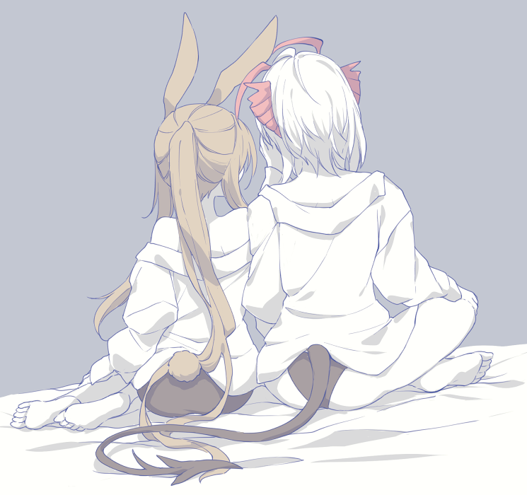 2girls, amiya_(arknights), animal_ears, antenna_hair, arknights, ass, bare_shoulders, barefoot