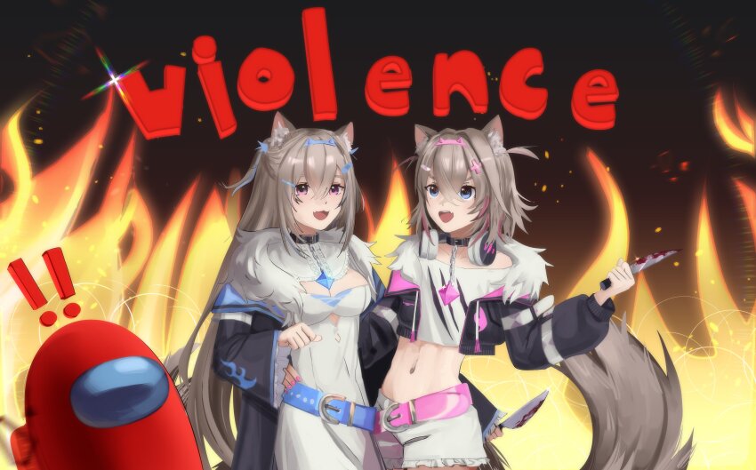 2girls, absurdres, among_us, blue_eyes, fire, fuwawa_abyssgard, highres, hololive, hololive_english, mococo_abyssgard, multiple_girls, pink_eyes, red_background, virtual_youtuber, xhianxeh