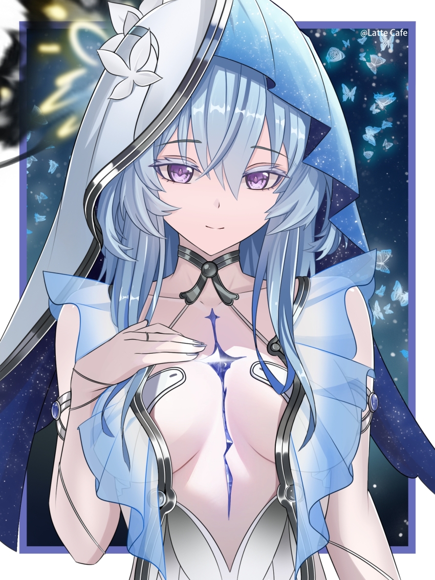 1girl, armlet, bare_arms, blue_background, blue_border, blue_butterfly, blue_hair, blue_veil, body_markings, border, breasts, breasts_apart, bug, butterfly, center_opening, chinese_commentary, collarbone, colored_eyelashes, commentary, diffraction_spikes, dress, glowing_butterfly, hair_between_eyes, halter_dress, halterneck, hand_on_own_chest, highres, insect, lattecafe, long_hair, looking_at_viewer, medium_breasts, outside_border, purple_eyes, shorekeeper_(wuthering_waves), silver_armlet, sleeveless, sleeveless_dress, smile, solo, spaghetti_strap, straight-on, tacet_mark_(wuthering_waves), two-tone_veil, upper_body, veil, white_dress, white_eyelashes, white_veil, wuthering_waves