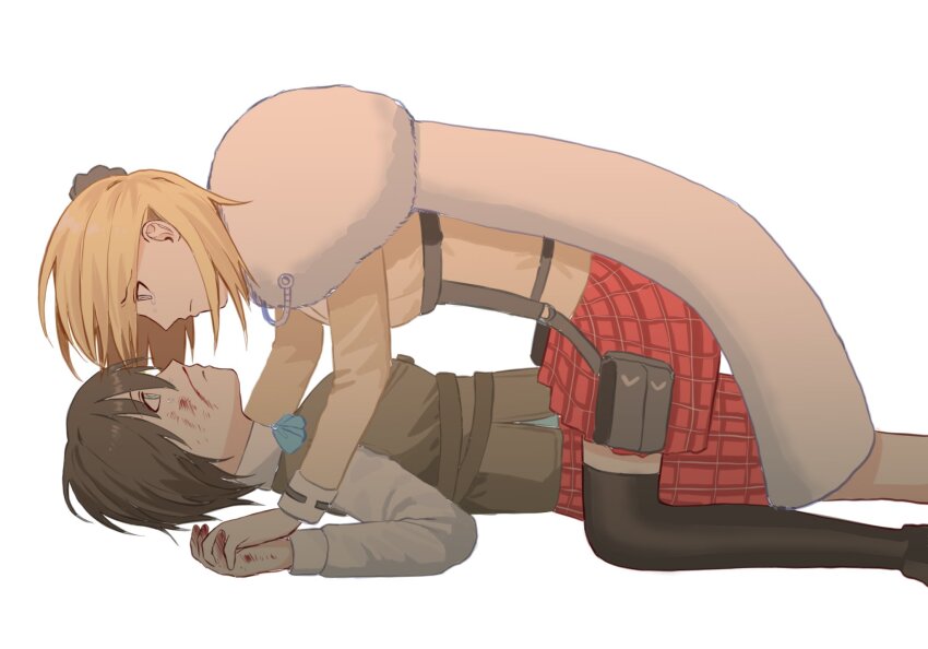 2girls, aoi_erika, black_hair, blonde_hair, blood, blood_on_face, cape, chest_harness