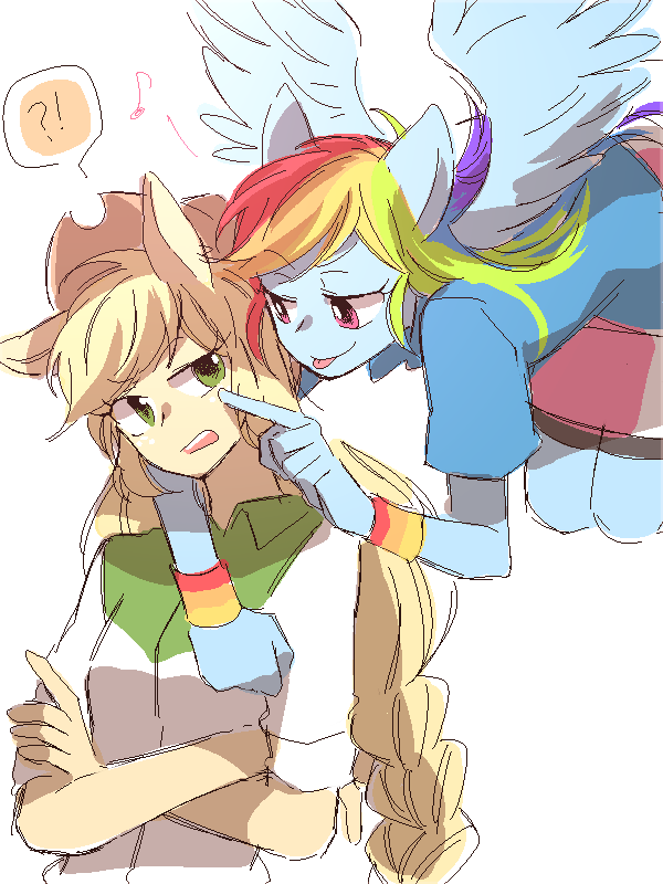 !?, 2girls, animal_ears, annoyed, applejack, applejack_(equestria_girls), armband, blonde_hair, blue_skin, braid, colored_skin, commentary, cowboy_hat, crossed_arms, english_commentary, flying, freckles, green_eyes, hat, horse_ears, horse_girl, jaggy_lines, keep_(dmswls6145), long_hair, multicolored_hair, multiple_girls, musical_note, my_little_pony, my_little_pony:_equestria_girls, my_little_pony:_friendship_is_magic, oekaki, open_mouth, orange_skin, personification, rainbow_dash, rainbow_dash_(equestria_girls), rainbow_hair, shirt, single_braid, sketch, skirt, very_long_hair, white_background, wings