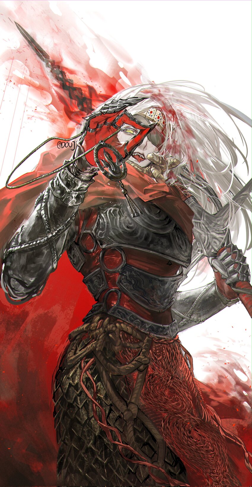 1girl, absurdres, armor, artist_request, cloak, elden_ring, elden_ring:_shadow_of_the_erdtree, eyepatch, fire_knight_(elden_ring), gauntlets, highres, holding, holding_sword, holding_weapon, long_hair, looking_at_viewer, sword, tarnished_(elden_ring), tongue, tongue_out, weapon, white_hair, yellow_eyes