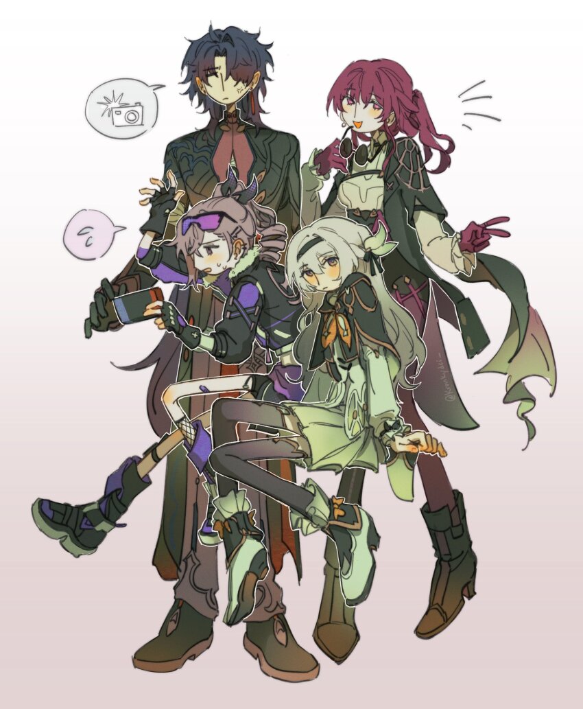 1boy, 3girls, black_footwear, black_hairband, black_pantyhose, black_shorts, blade_(honkai:_star_rail), blue_hair