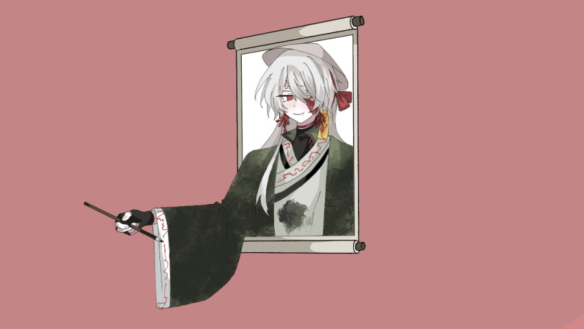 1000-nen_ikiteru_(vocaloid), 1boy, animated, animated_gif, bandage_over_one_eye, black_gloves, blinking, calligraphy_brush, chinese_clothes, chinese_commentary, closed_mouth, commentary_request, earrings, fingerless_gloves, gloves, green_jacket, grey_hat, hair_ribbon, hanfu, hat, holding, holding_calligraphy_brush, holding_paintbrush, jacket, jewelry, jiaowohuahua09695, long_hair, male_focus, mole, mole_under_eye, open_clothes, open_jacket, paintbrush, parody, red_background, red_ribbon, ribbon, shu_nanfeng, simple_background, smile, solo, through_medium, touqi_guaitan, upper_body, white_hair, white_hanfu, wide_sleeves