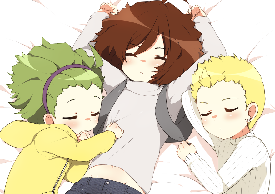 10s, 3boys, amagase_touma, bad_id, bad_pixiv_id, blonde_hair, brown_hair, closed_eyes