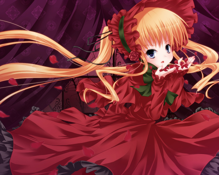 00s, blonde_hair, blue_eyes, bonnet, long_hair, petals, rose_petals, rozen_maiden, shinku, solo, twintails, very_long_hair, yuzuno_ha
