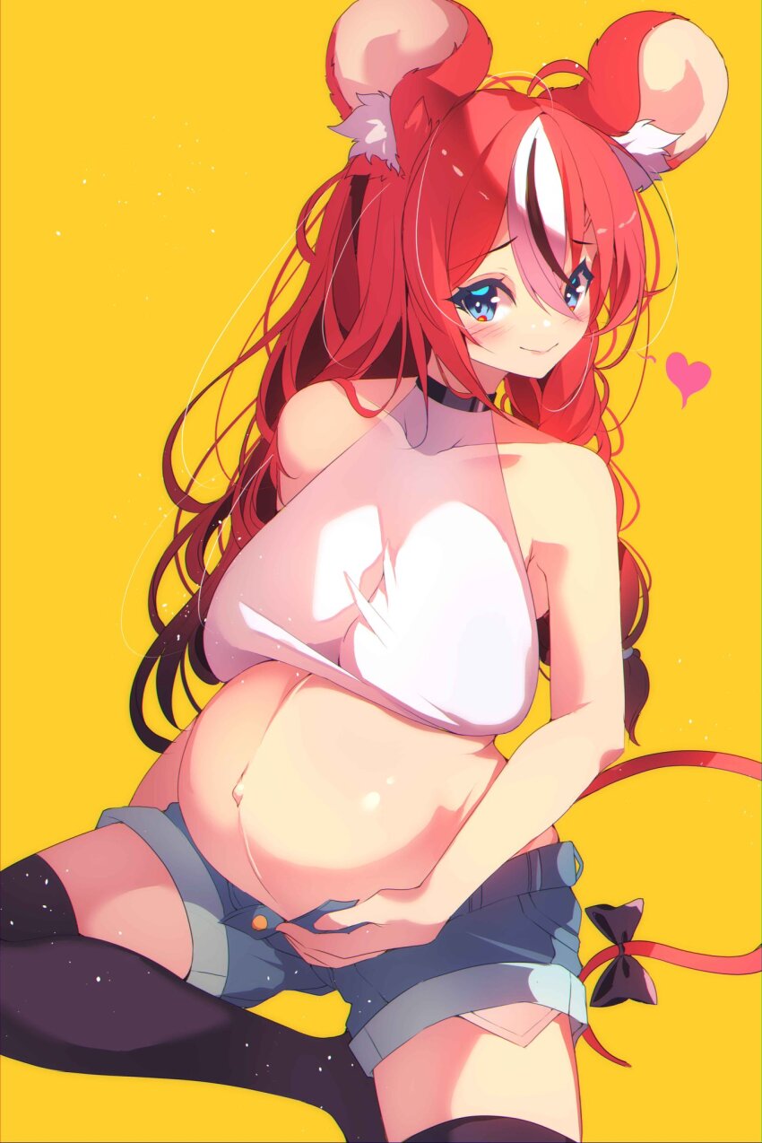 1girl, animal_ear_fluff, animal_ears, armpits, black_socks, blue_eyes, blue_shorts, blush