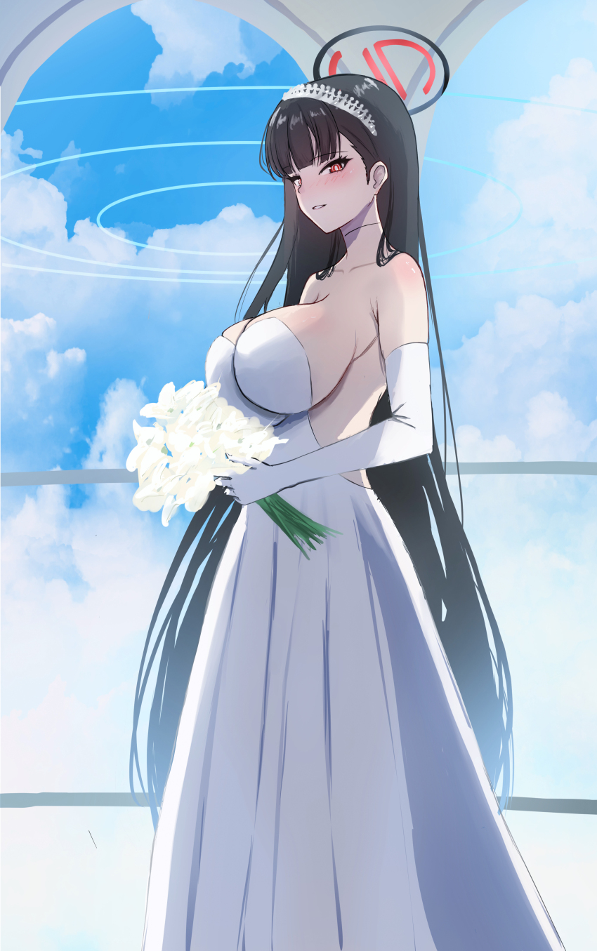 1girl, absurdres, alternate_costume, asao_(asaomm12345), black_hair, black_halo, blue_archive, blue_sky, blush, bouquet, breasts, cleavage, cloud, cloudy_sky, collarbone, dress, elbow_gloves, flower, from_side, gloves, halo, highres, holding, holding_bouquet, huge_breasts, long_hair, looking_at_viewer, parted_lips, red_eyes, rio_(blue_archive), sideboob, sky, solo, teeth, wedding_dress, white_dress, white_flower, white_gloves, white_tiara