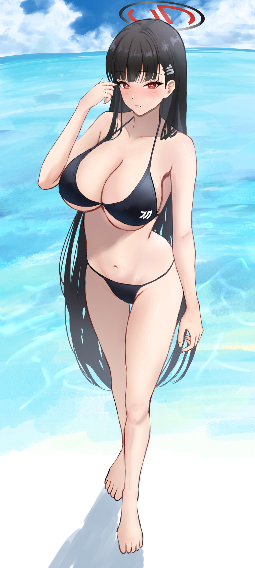 1girl, absurdres, alternate_costume, asao_(asaomm12345), bare_arms, bare_legs, bare_shoulders, barefoot, bikini, black_bikini, black_halo, blue_archive, blue_sky, breasts, cloud, cloudy_sky, full_body, hair_ornament, halo, highres, hime_cut, huge_breasts, long_hair, looking_at_viewer, millennium_science_school_logo, navel, ocean, outdoors, parted_lips, red_eyes, rio_(blue_archive), sky, solo, standing, stomach, swimsuit, teeth, water