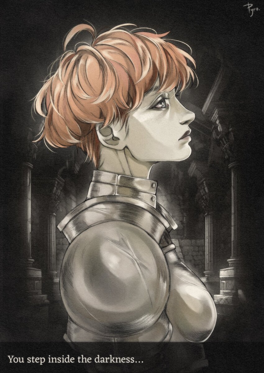 1girl, armor, artist_name, boobplate, breastplate, closed_mouth, commentary, d'arce_(fear_&amp;_hunger), english_commentary, english_text, fear_&amp;_hunger, fear_&amp;_hunger_(series), fear_&amp;_hunger_1, freckles, from_side, grey_hair, highres, indoors, looking_up, orange_hair, pauldrons, pillar, profile, pyro_cri, short_hair, shoulder_armor, solo, upper_body