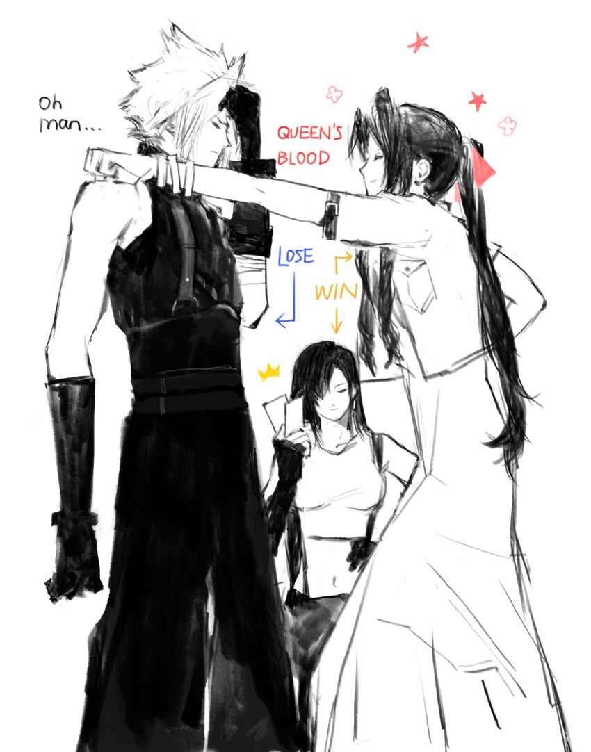 1boy, 2girls, aerith_gainsborough, bandaged_arm, bandages, bangle, bare_shoulders, black_gloves, black_pants, black_shirt, black_skirt, bracelet, braid, braided_ponytail, breasts, card, closed_eyes, cloud_strife, cloud_virtu, crop_top, cropped_jacket, dress, earrings, english_text, feet_out_of_frame, final_fantasy, final_fantasy_vii, final_fantasy_vii_rebirth, final_fantasy_vii_remake, fingerless_gloves, furrowed_brow, gloves, hair_over_one_eye, hair_ribbon, hand_on_another's_shoulder, hand_on_own_face, hand_on_own_hip, highres, holding, holding_card, jewelry, limited_palette, long_dress, long_hair, medium_breasts, midriff, multiple_girls, navel, pants, parted_bangs, pink_ribbon, queen's_blood, ribbon, shirt, short_hair, short_sleeves, sidelocks, single_bare_shoulder, single_braid, sketch, skirt, sleeveless, sleeveless_turtleneck, smile, spiked_hair, suspenders, tifa_lockhart, turtleneck, white_shirt