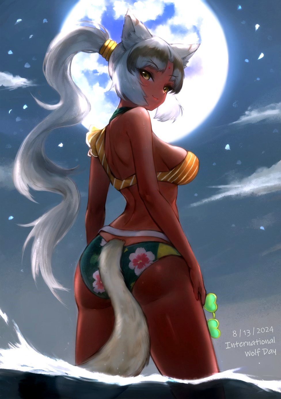 1girl, animal_ears, ass, bare_shoulders, bikini, bindi, breasts, brown_hair, closed_mouth, dark-skinned_female, dark_skin, high_ponytail, highres, indian_wolf_(kemono_friends), jack4l, kemono_friends, kemono_friends_3, large_breasts, long_hair, looking_at_viewer, moon, multicolored_hair, ponytail, smile, solo, swimsuit, tail, white_hair, wolf_ears, wolf_girl, wolf_tail, yellow_eyes