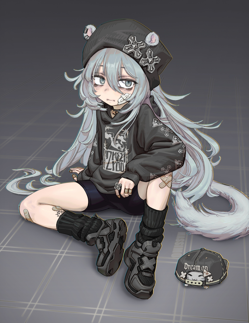 1girl, absurdres, animal_ears, arm_support, bandaid, bandaid_on_face, bandaid_on_hand, bandaid_on_leg