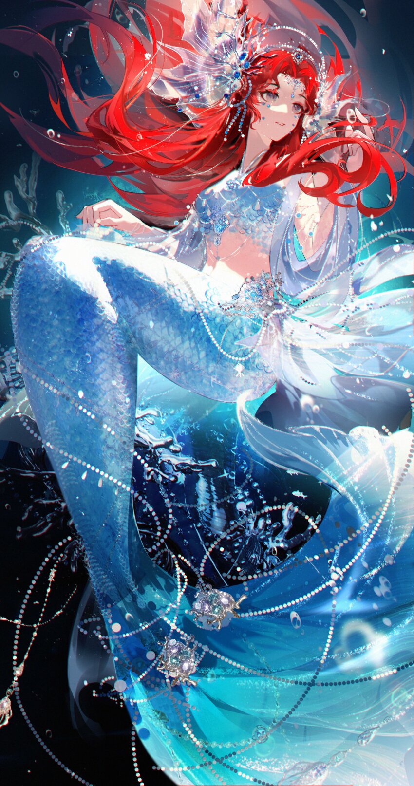 1girl, absurdres, blue_scales, chinese_commentary, circlet, commentary_request, facial_mark, fins