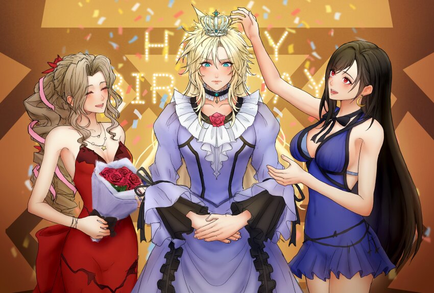 1boy, 2girls, absurdres, aerith_gainsborough, aerith_gainsborough_(red_dress), bare_shoulders, birthday, black_hair