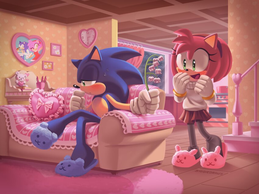 1boy, 1girl, absurdres, amy_rose, animal_ears, animal_nose, animal_slippers, blue_footwear