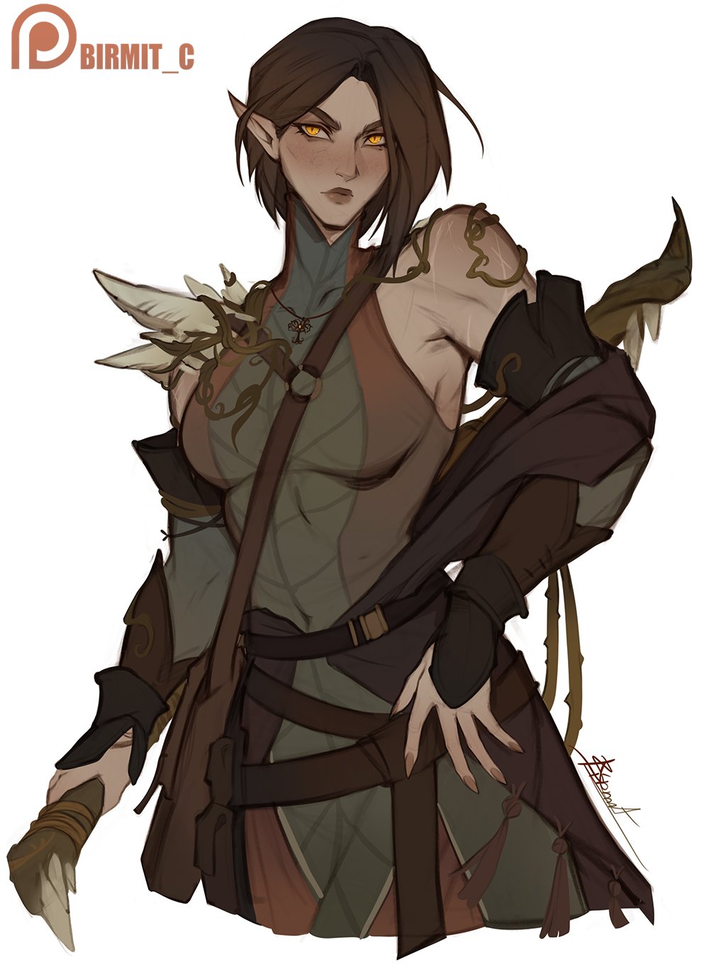 1girl, bare_shoulders, birmit, breasts, brown_hair, covered_navel, elf, highres