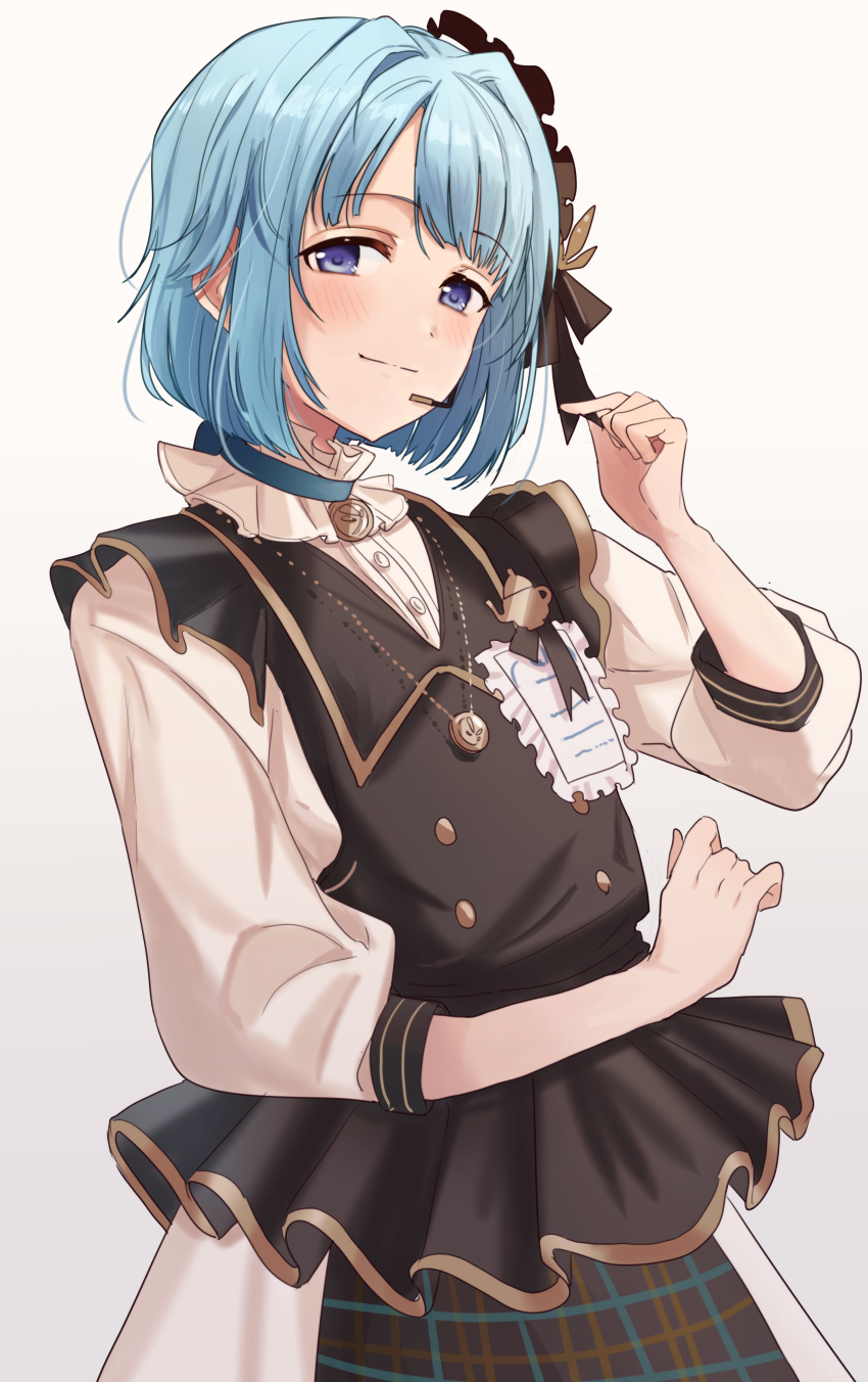 1boy, absurdres, adjusting_clothes, adjusting_headwear, alternate_eye_color, apron, aqua_choker, black_apron