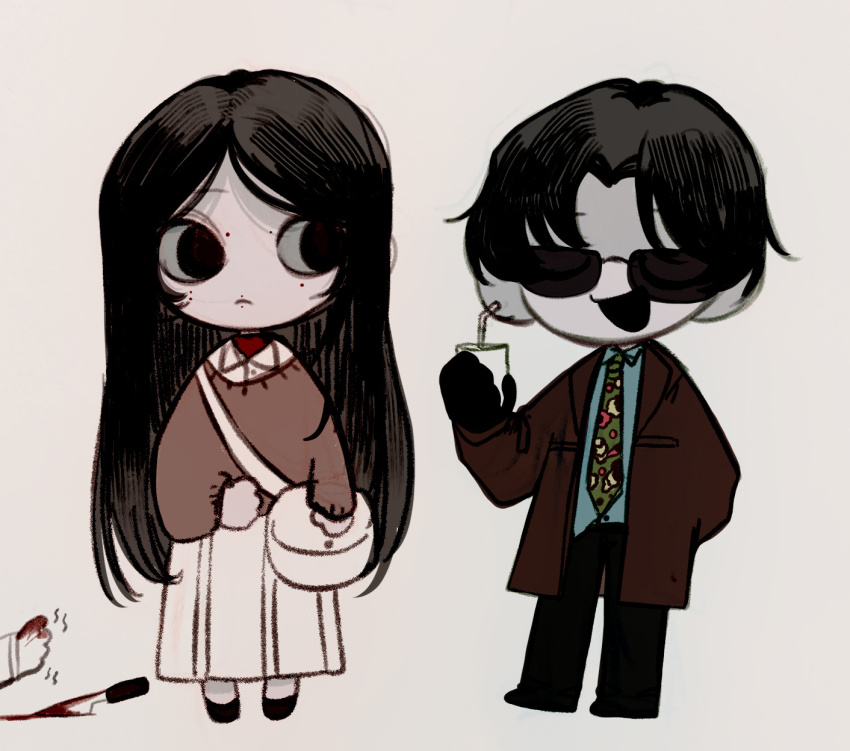 1boy, 1girl, bag, black_eyes, black_gloves, black_hair, black_pants, blood, blue_shirt, brown_jacket, brown_sweater, chibi, chibi_only, chinese_commentary, chinese_text, closed_eyes, collared_shirt, commentary_request, gloves, green_necktie, highres, jacket, ji_tianzhao, long_hair, long_skirt, long_sleeves, mole, mole_above_mouth, mole_on_cheek, mole_on_forehead, mole_under_each_eye, mole_under_eye, mole_under_mouth, multiple_moles, muluo_cantu, necktie, official_art, open_clothes, open_jacket, open_mouth, pants, pleated_skirt, print_necktie, shirt, short_hair, simple_background, skirt, smile, sweater, touqi_guaitan, white_background, white_bag, white_shirt, zhong_sumei