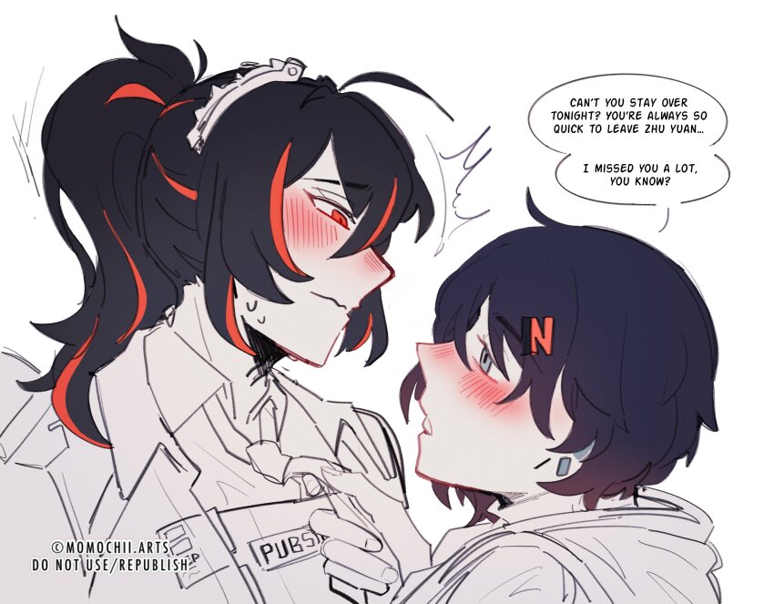 2girls, absurdres, belle_(zenless_zone_zero), black_hair, blue_eyes, blush, closed_mouth, clothes_grab