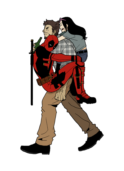 1girl, 2boys, alcohol, beer, brown_hair, deadpool, deadpool_&amp;_wolverine, deadpool_(series)