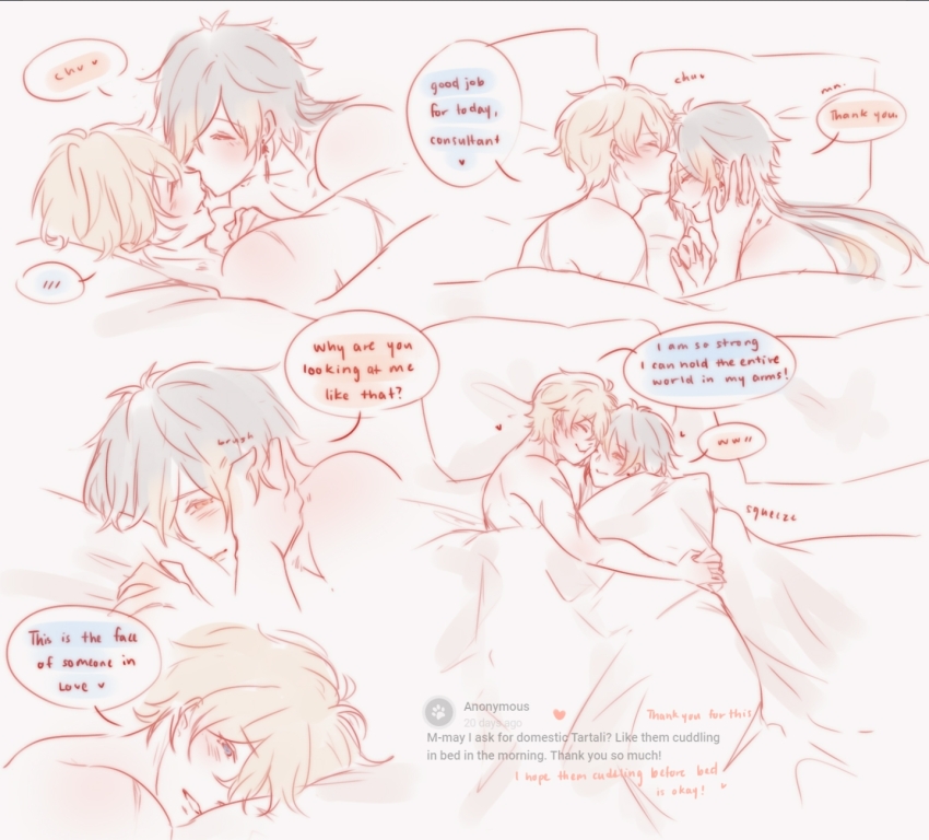 2boys, anku7u, caressing_cheek, duvet, english_text, genshin_impact, highres, multiple_boys, on_bed, pillow, pillow_talk, speech_bubble, tartaglia_(genshin_impact), yaoi, zhongli_(genshin_impact)