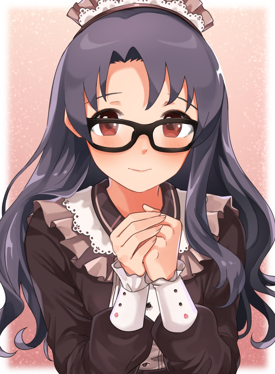 1girl, black-framed_eyewear, black_hair, blush, border, breasts, brown_background, brown_dress